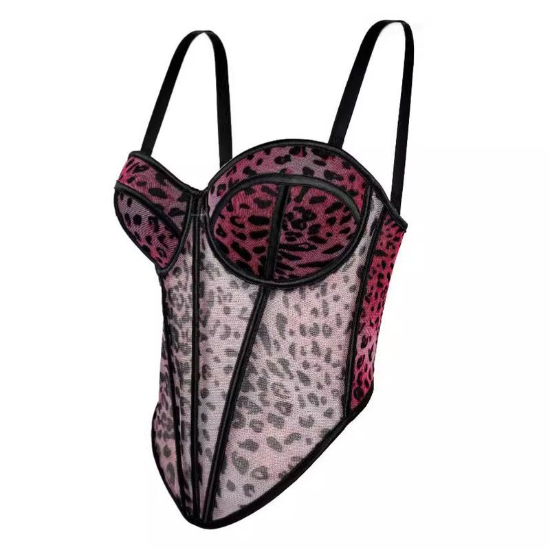 Damenbekleidung Sexy Leoparden-Punktmuster-Spleißen-BH Hosenträger High-End-Innennetzspitze Durchsichtige Oberbekleidung Fischgräten-BH_voghion.com