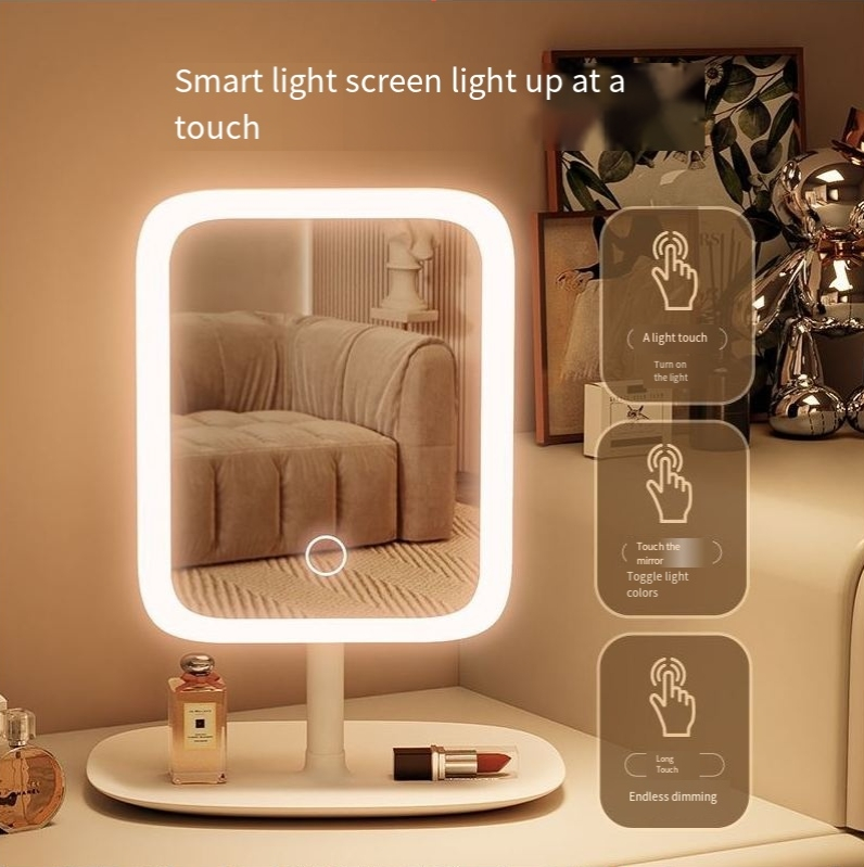 Espelho de maquiagem LED com luz de mesa, rede para celebridades, feminino, luz de preenchimento, espelho pequeno, estilo dormitório, mesa, portátil, pequeno, espelho de vestir_voghion.com