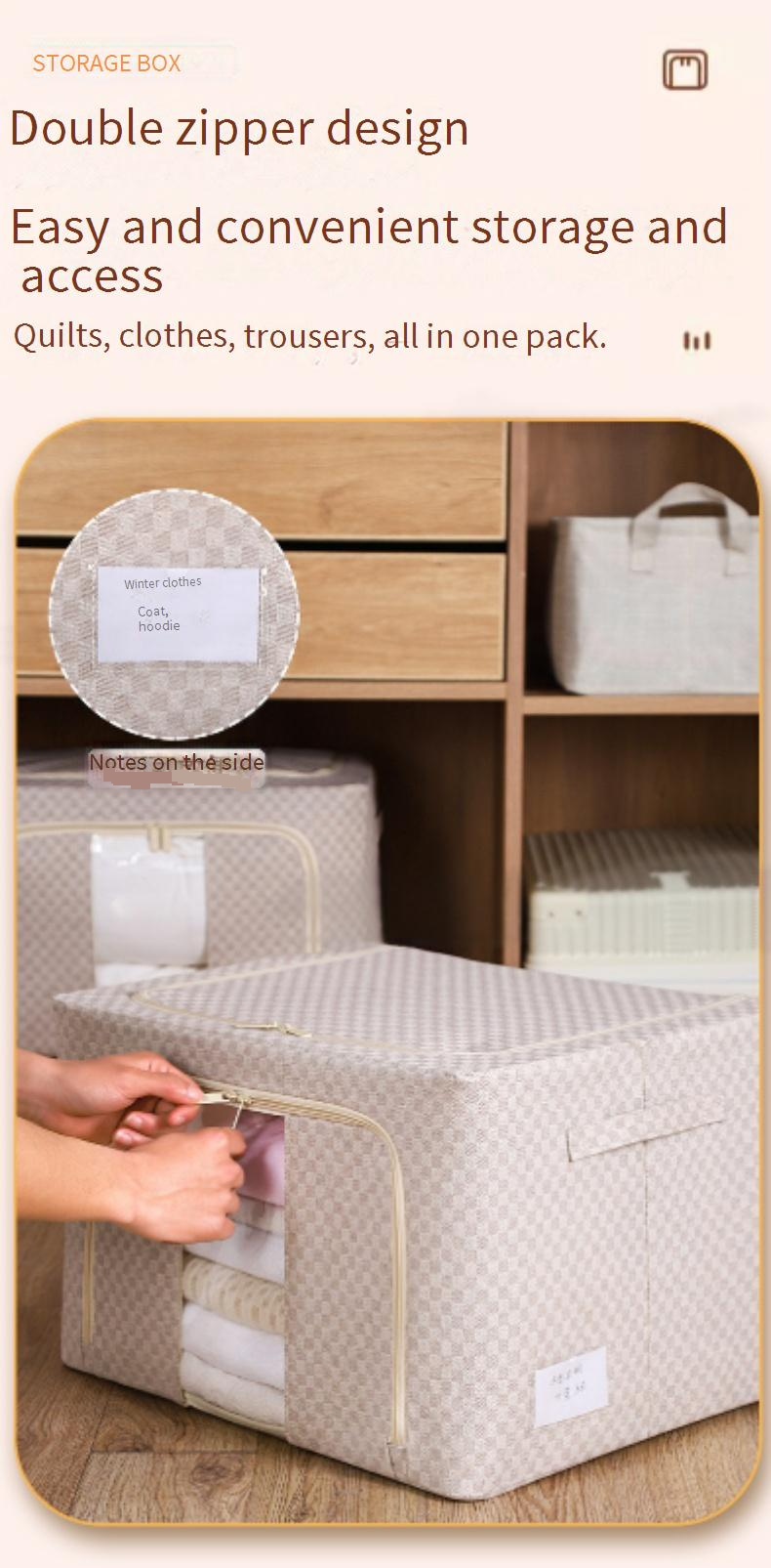 Plaid Fabric Storage Box Foldable Household Large Capacity Cotton And Linen Quilt Storage Clothing 5.0 Steel Frame Storage Box_voghion.com