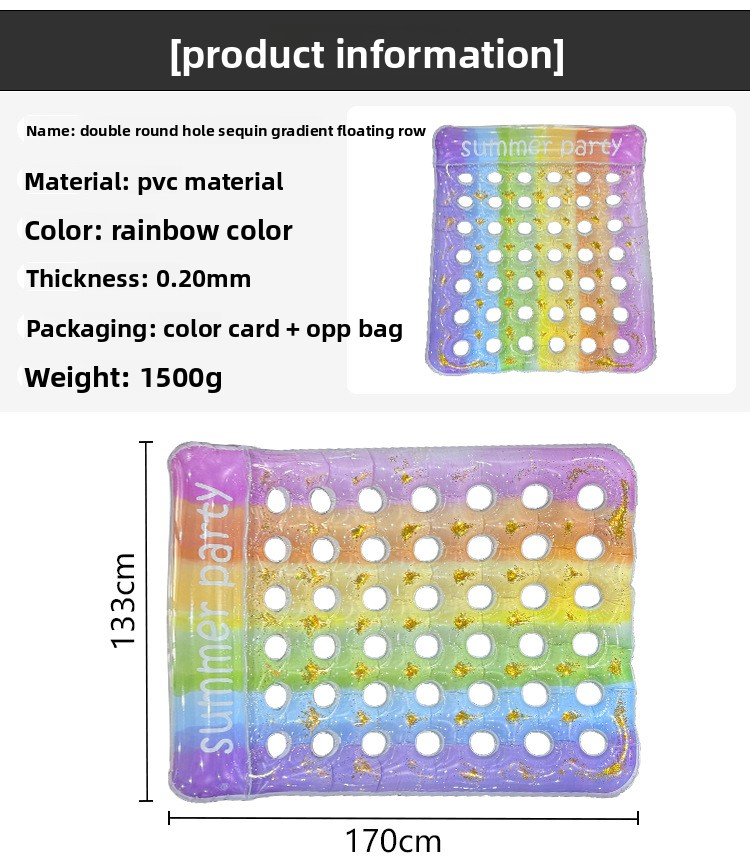 Eco-Friendly Rainbow Inflatable Mat - Heavy-Duty PVC With Glitter Holes & Gradient Colors (200x150cm Double-Sized For Pool/Beach 2-Person Capacity)_voghion.com