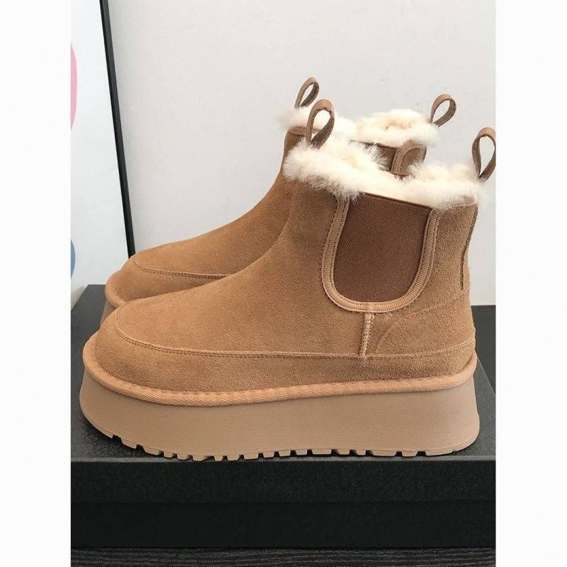 Women's Winter Snow Boots Chunky Chelsea Boots With Fleece Lined, 5cm Platform, Slip-On Warm Casual Booties In Khaki & Fawn Brown_voghion.com