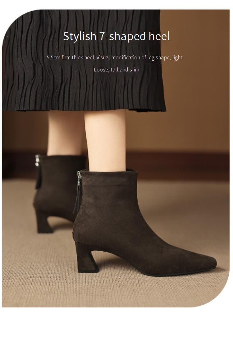 Cameido Women's French Style Suede Mid Heel Chunky Heel Slim Ankle Boots For Autumn And Winter_voghion.com