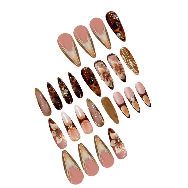 Heißer Verkauf 24 Stück Süße Kühle Gold Französisch Blume Mandel Form Abnehmbare Tragbare Nägel Fertigen Produkte_voghion.com