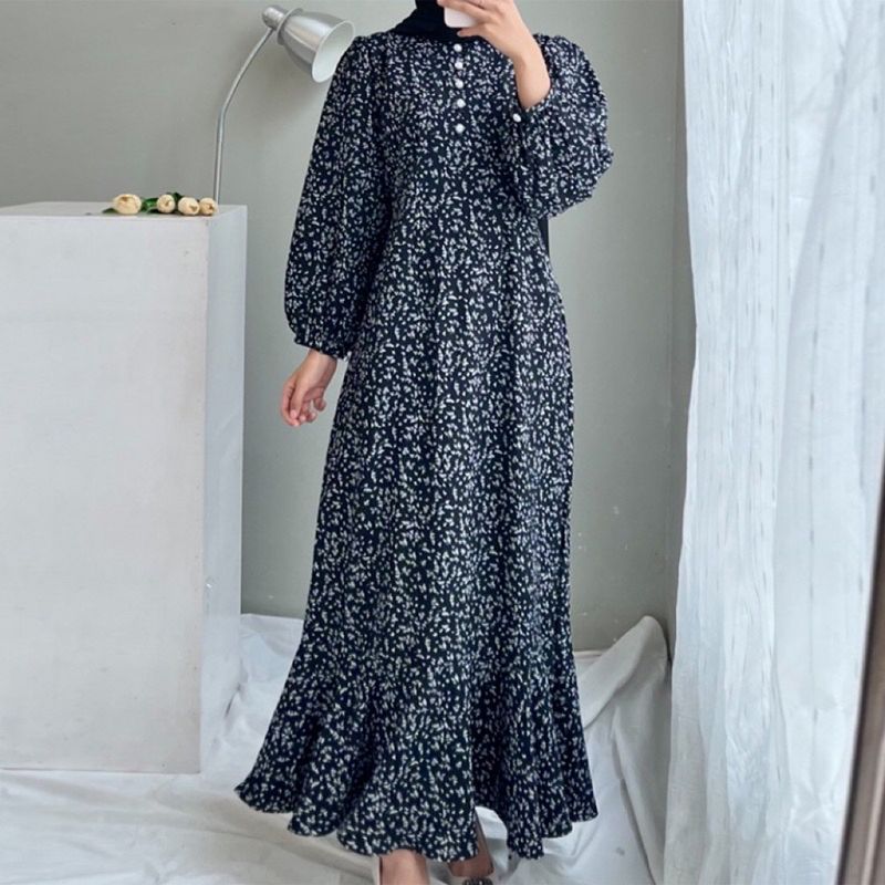 Women's Clothing Muslim Casual Long Sleeved Open Door Loose Printed Button Down Dress_voghion.com