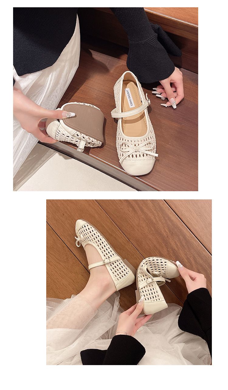 Lässige Hohlloch-Einzelschuhe mit gewebtem Bogen und quadratischem Kopf, flache Freizeitschuhe_voghion.com