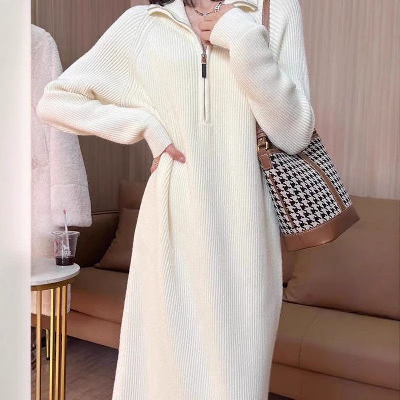 Elegantes Strick-Tunikakleid mit Reißverschlussdetail – Vielseitiger Pullover für Arbeit und Wochenende (atmungsaktive Polyestermischung, 7 raffinierte Farben)_voghion.com