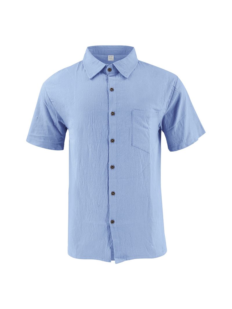 Camicia da uomo in lino a maniche corte, casual, traspirante, con bottoni, per le vacanze estive in spiaggia, con tasche_voghion.com