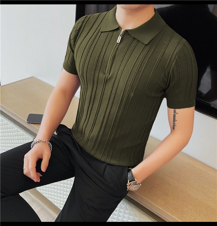 Polo da uomo con mezza cerniera, maglietta a maniche corte con risvolto in maglia, top estivi traspiranti in seta ghiacciata_voghion.com