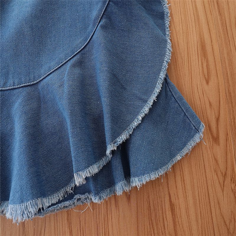 Grenzüberschreitende Kinderkleidung für Kinder im Frühlings- und Sommerstil, modischer Chiffon-One-Shoulder-Trompetenärmel-Top-Jeansrock-Mädchenanzug_voghion.com