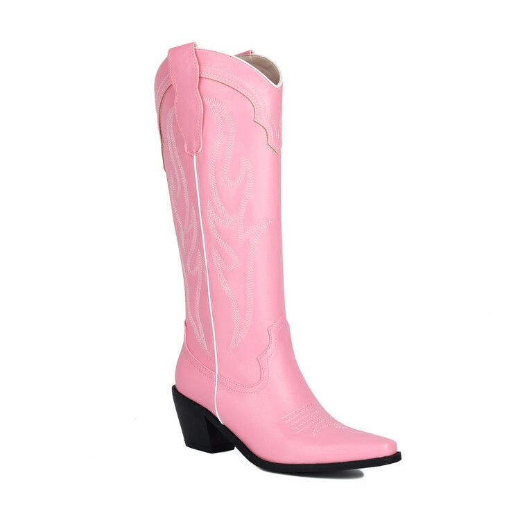 Botas de moda bordadas, salto médio pontudo, botas de cavaleiro femininas plus size_voghion.com