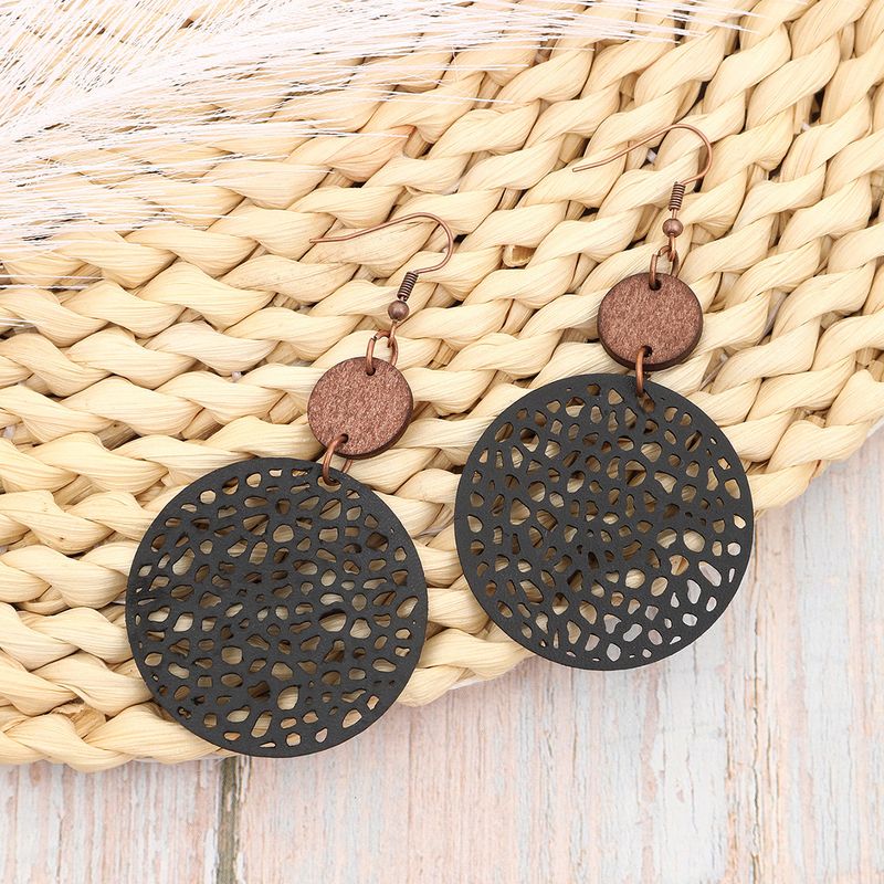 Hollow Style Leather Combination Handmade Small Wood Piece Earrings Xiyin_voghion.com