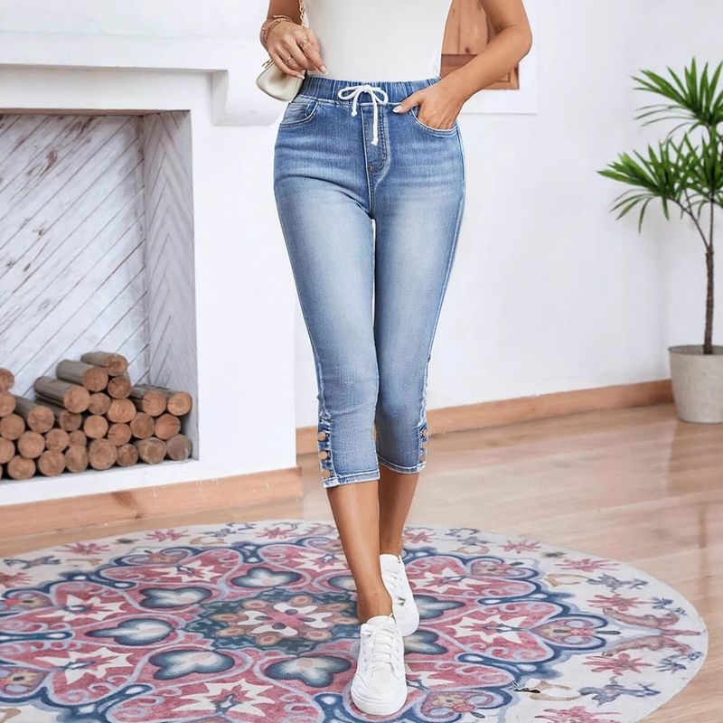 Jeans elasticizzati con coulisse e vita elastica 2025s, pantaloni corti da donna_voghion.com