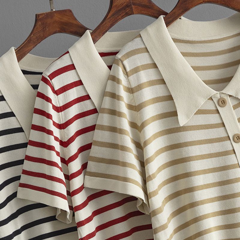 Maglietta estiva da donna nuova, a righe, a maniche corte, con colletto polo, MM_voghion.com