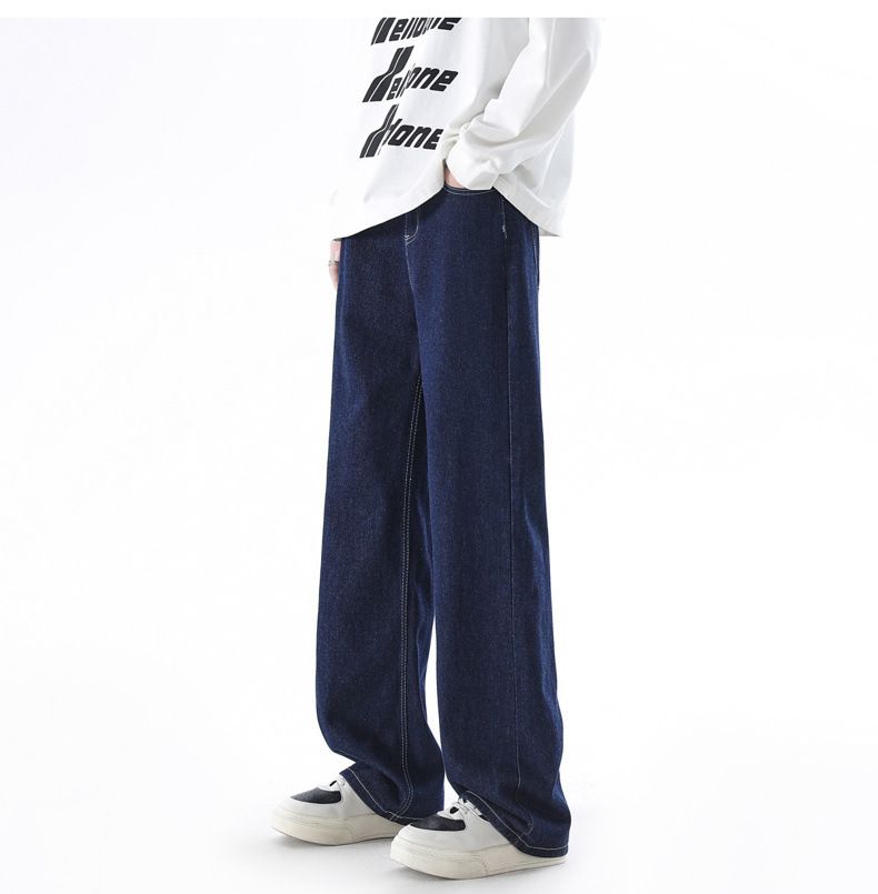 Deep Blue Washed Denim Jeans Herren im Frühjahr und Herbst 2024, neue einfarbige, vielseitige, weite, lässige Hose mit geradem Bein für_voghion.com