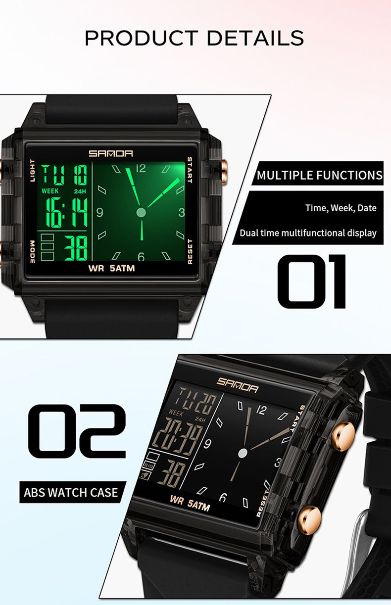 Square Multi-Function Digital Analog Watch With Transparent Case, Dual Time Display, Alarm, Stopwatch, Waterproof, And Luminous Feature_voghion.com