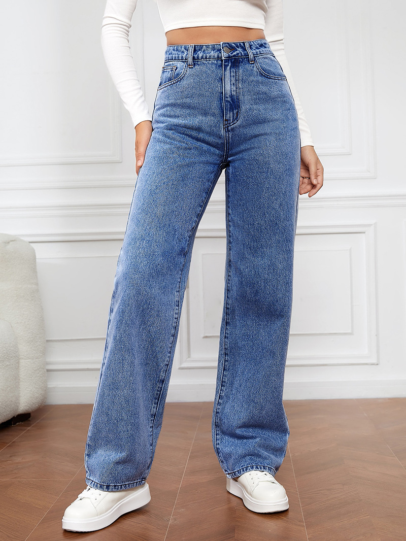 Damkläder i het stil, stretchtvättad denim mode raka byxor jeans dambyxor_voghion.com