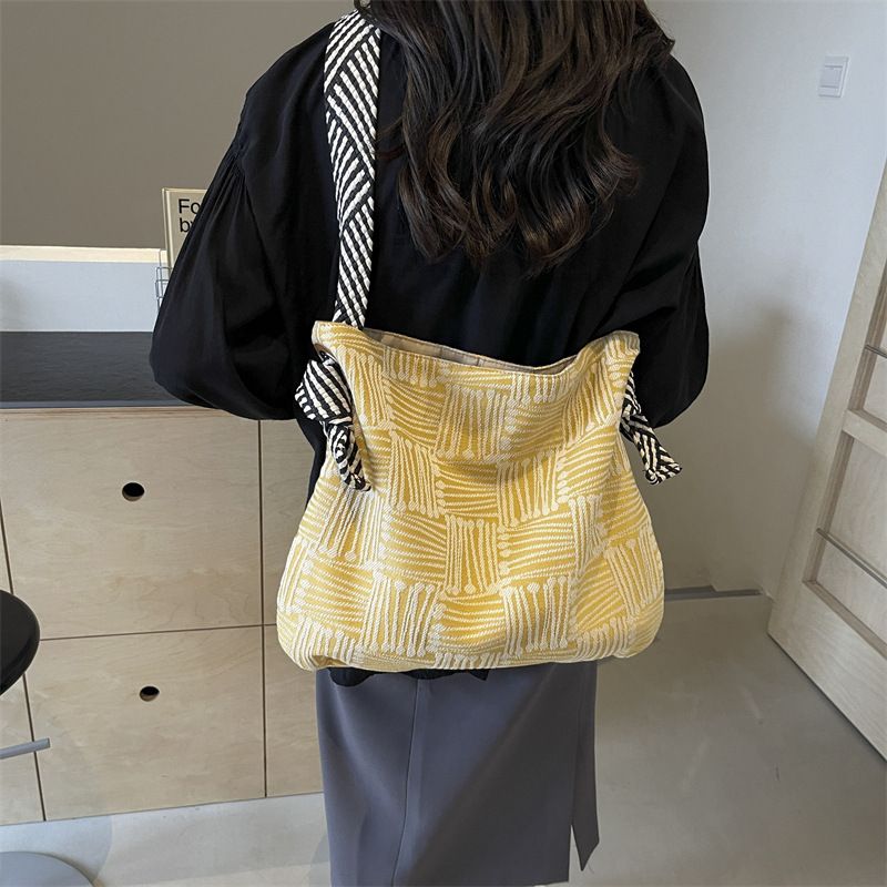 Underarm Forest Style Canvas Trendy Striped Shoulder Office Commute Large Capacity Women's Shopping Bag_voghion.com