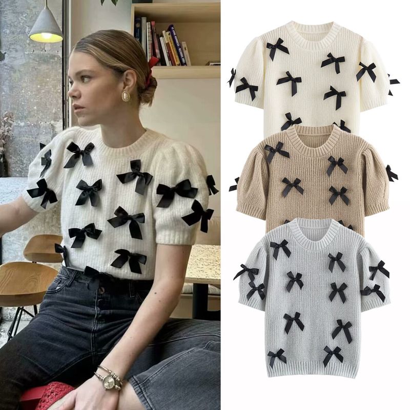 Damen Strick-Kurzarm-T-Shirt mit Schleifendetail – Lässiges Streetwear-Oberteil für Frühling & Herbst – Rundhalspullover in Beige, Schiefergrau, Khaki_voghion.com