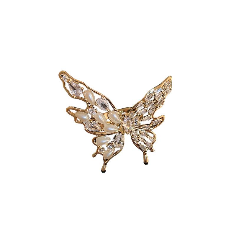 Real Gold Plated Zircon Butterfly Pearl Open Elegant High-end Sense Fashionable Versatile Index Finger Ring Accessory_voghion.com