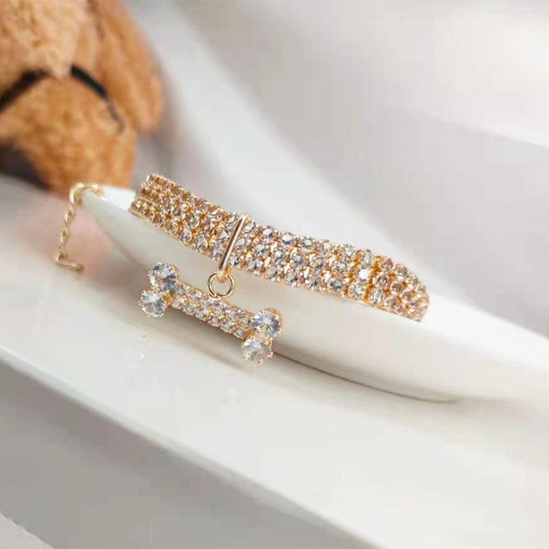 Classic Collar With Rhinestones Leash Cat Chain New Year Pet Dog Bone Necklace_voghion.com