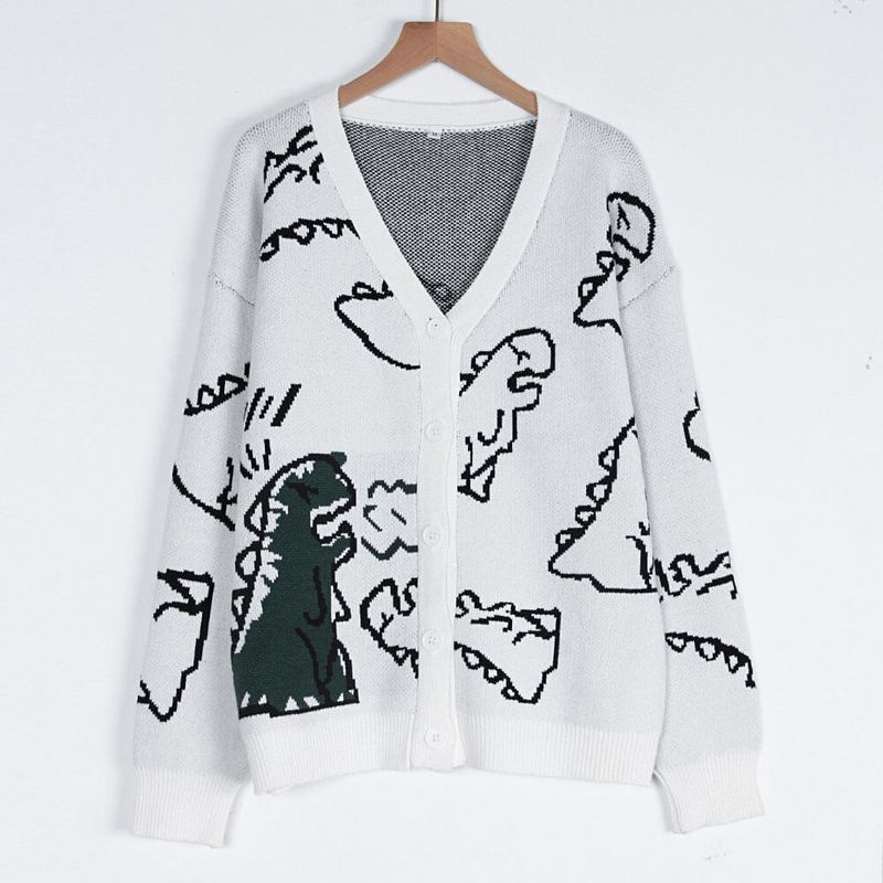 Abbigliamento da donna maglione a maniche lunghe cappotto cardigan sciolto dinosauro cartone animato_voghion.com