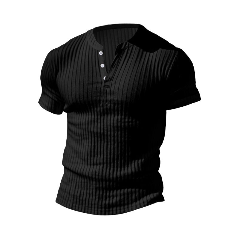 Abbigliamento da uomo T-shirt slim a maniche corte con scollo a V e bottoni casual in tinta unita_voghion.com