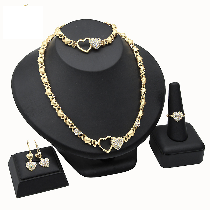 Guld hjärta smycken set brud smycken halsband ring örhängen armband grossist_voghion.com