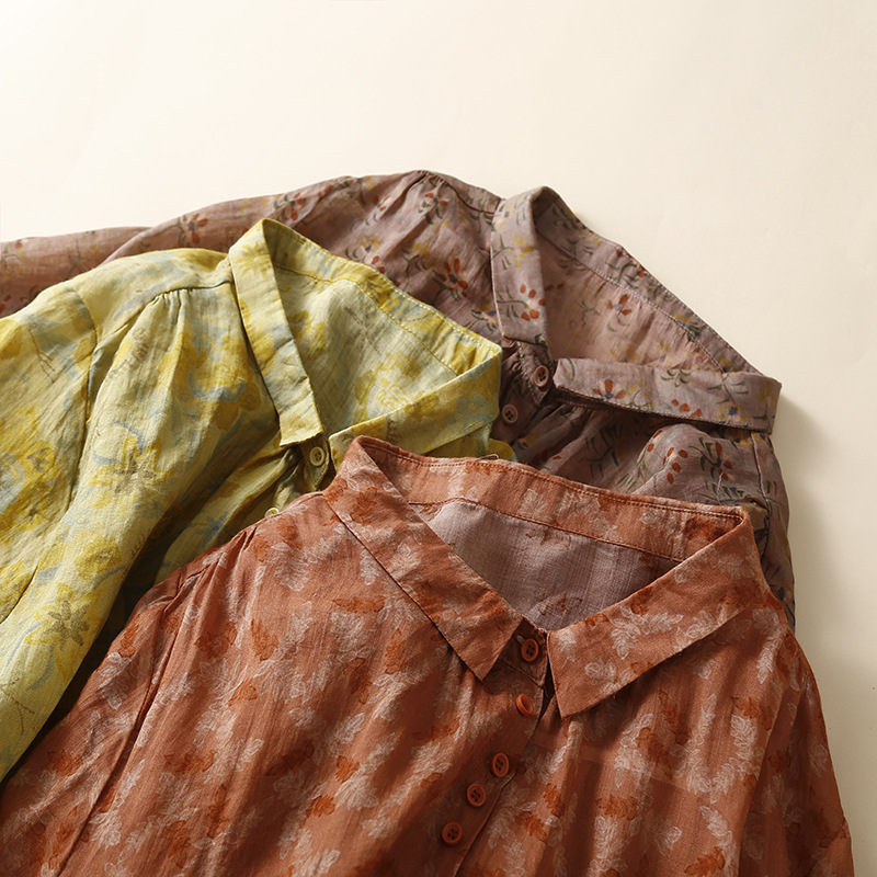 Damen gemustertes Ramie-Shirt Damen lockeres mittellanges Blumen-Dünnhemd Cardigan-Oberteil_voghion.com