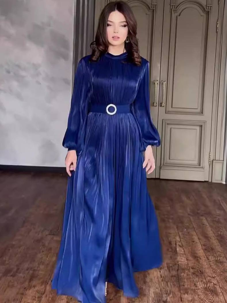 Musulmano Celebrità Stesso Stile Moda Girocollo Organza Maniche a Lanterna Maniche Lunghe Modifica Corpo Retro Vintage_voghion.com
