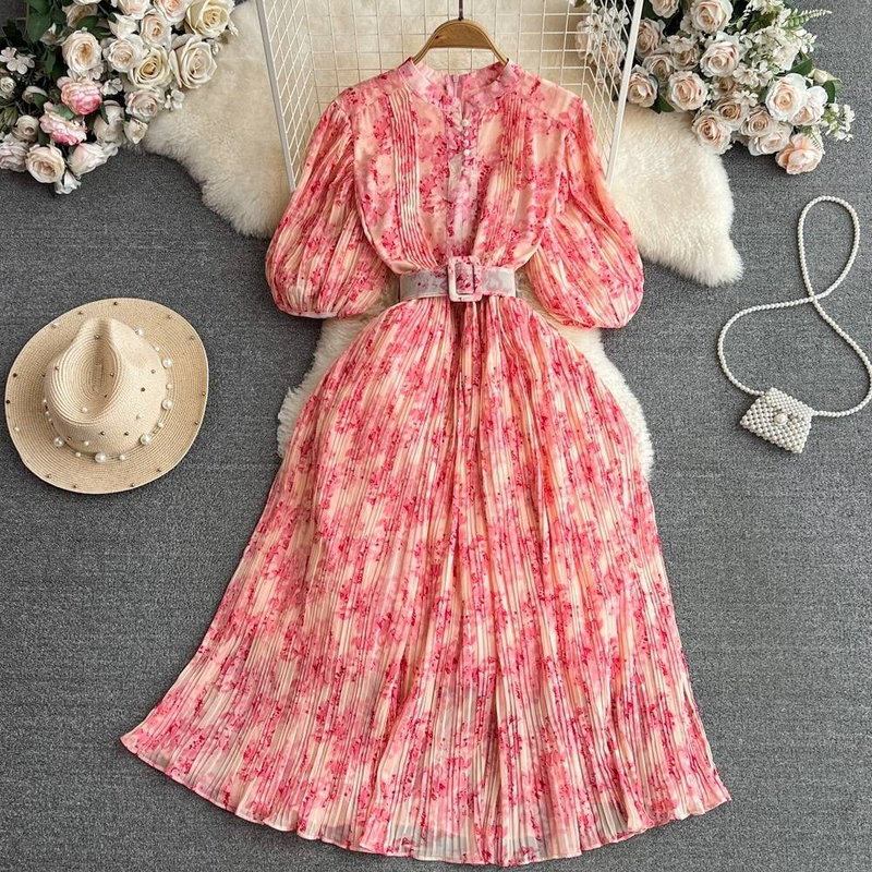 Rochie elegantă plisată cu imprimeu floral pentru femei, cu mânecă scurtă, guler rotund, talie subțire, linie A_voghion.com