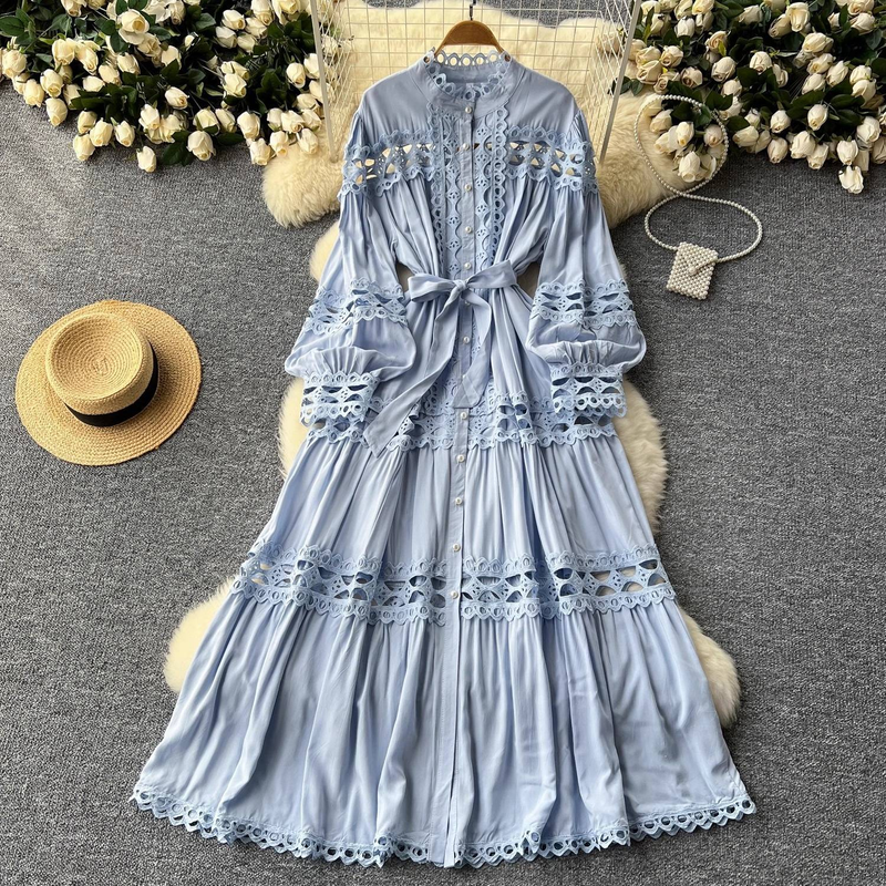 Opulent Baroque Lace Dress – High Neck Bell Sleeve Gown With Corset Waist & Dramatic A-Line Skirt (M/L, French Vintage Inspired, Formal Evening Wear)_voghion.com