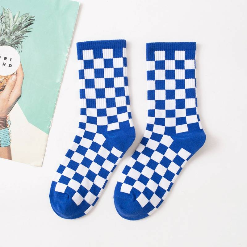 6 Pairs--Checkerboard Men's And Women's Fashion Street Brand Mid Tube Academy Style Cotton Skateboarding Socks_voghion.com