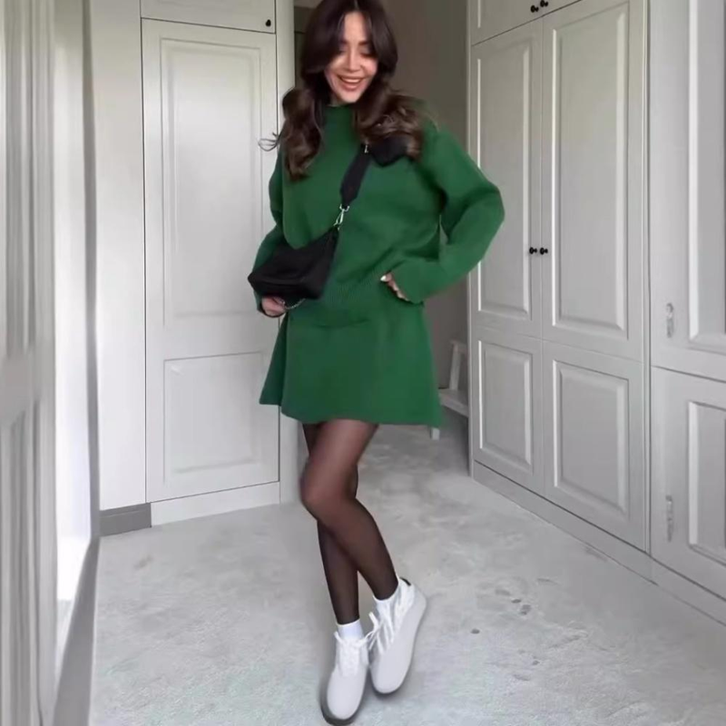 Herbstliches, lässiges Strickpullover- und Rock-Set für Damen – stylischer A-Linien-Rock und langärmliges Oberteil, weiches Polyester, bequeme Passform_voghion.com