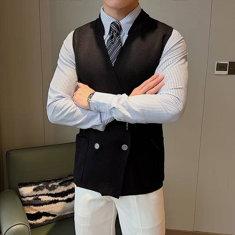 Herren-Slim-Fit-Wollweste – Zweireihig & V-Ausschnitt (ärmellose Strickweste mit Streifenmuster zum Überziehen)_voghion.com