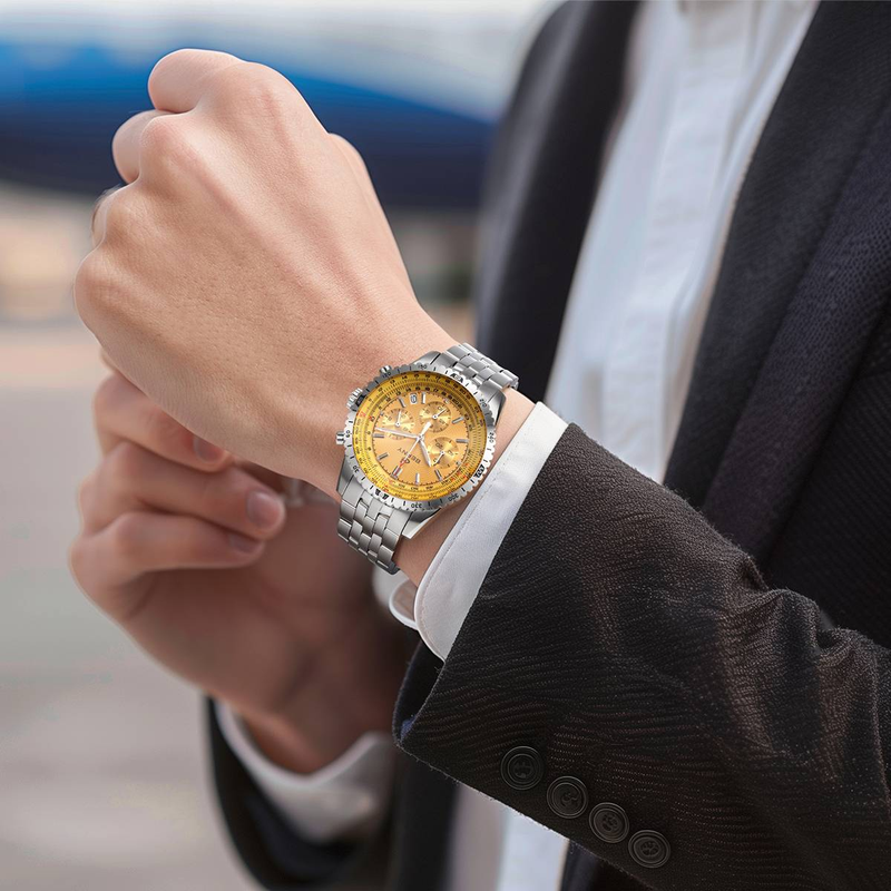 BERNY Silver Chronograph Watches For Men Multifunction Quartz Watch With Tachymeter Date Stainless Steel Waterproof Luminous Sapphire Wristwatch_voghion.com