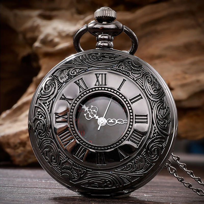 Retro British Quartz Pocket Watch Charm Black Neutral Fashion Roman Digital Quartz Steampunk Pocket Watch Necklace Pendant With Chain_voghion.com