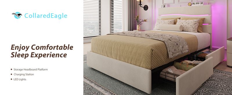 Queen Bed Frame With Headboard And 4 Storage Drawers, Fabric Upholstered Headboard And Wooden Slats Support, Built In Charging Station & LED_voghion.com