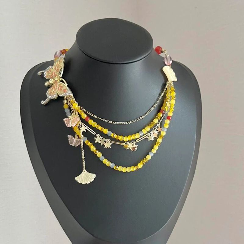 Collana con perline a farfalla gialla Super Fairy, catena per clavicola con frange multistrato primaverile ed estiva_voghion.com
