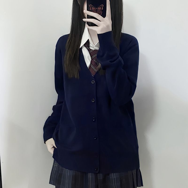 Japanese Style JK Cardigan Sweater For Women - Vintage School Uniform Inspired Long Sleeve Knit Top, Loose Fit V-Neck Open Front Coat_voghion.com