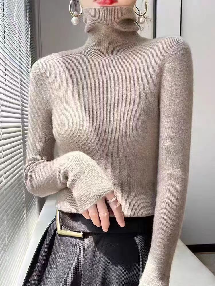 Women's Semi-Turtle Neck Knit Sweater - Core-Spun Yarn Fabric, Warm Winter Pullover, Slim Fit Long Sleeve Top For Layering, Elegant & Versatile_voghion.com