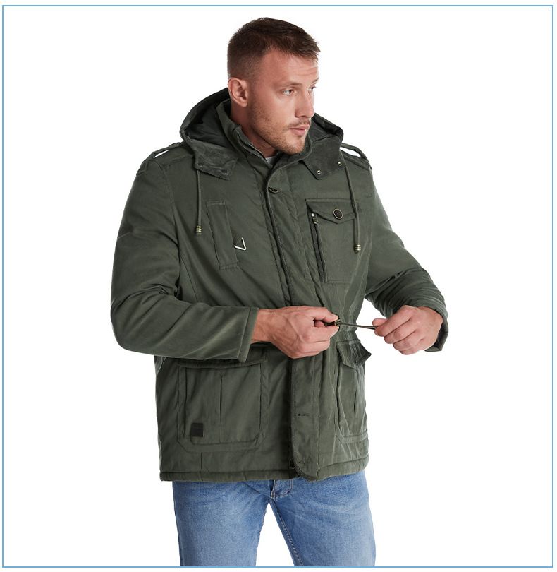 Men's Plus Size Shearling Hooded Cotton Jacket Thickened Multi-Pocket Cotton Top Casual Mid-Length Coat_voghion.com