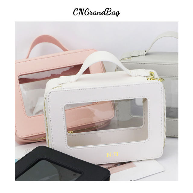 Set de geantă cosmetică personalizată din piele naturală, colorată, clasică, Saffiano, portabilă, pentru călătorii, geantă cosmetică transparentă din PVC, geantă de spălat TPU_voghion.com