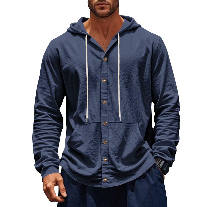Spring And Autumn American Loose Men's Loose Linen Casual Simple Beach Hooded Long Sleeve Shirt Men_voghion.com