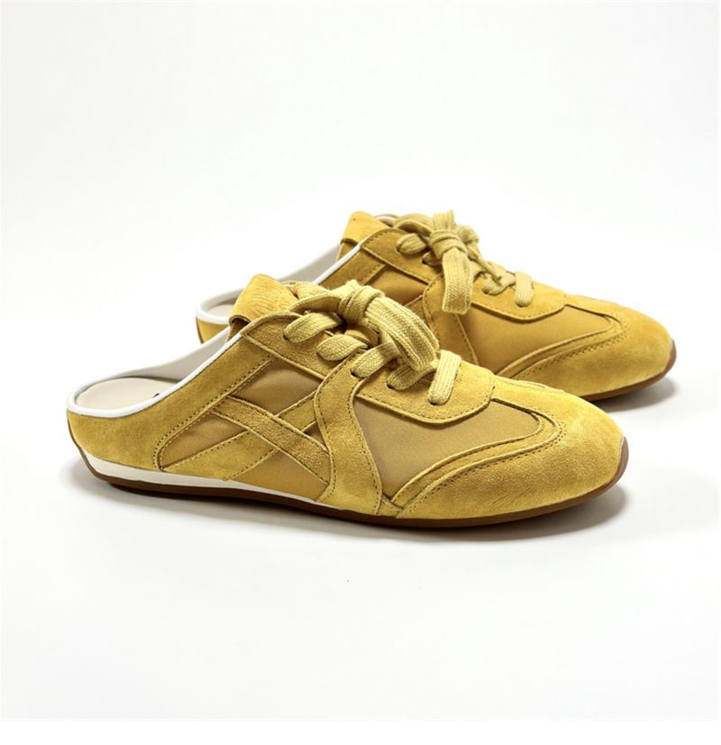 Trainingspantoffeln im koreanischen Stil für Damen, flache Halbschuhe aus weichem Leder mit Farbblockdesign und geschlossener Zehenpartie für den Sommer im Freien,_voghion.com
