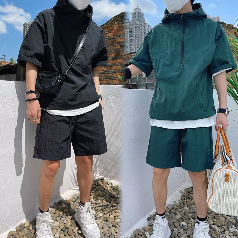 Hooded Workwear Men's Summer 2025 New Loose Zipper Two-Piece Fashion Solid Color Trendy Shorts Set_voghion.com