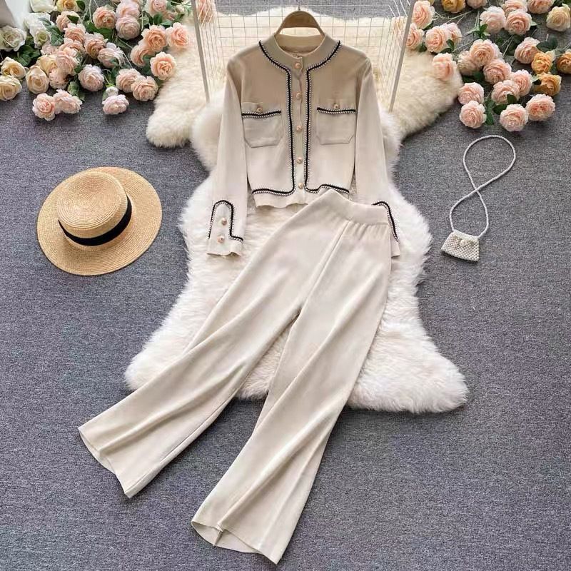 Women's Clothing Fashion suit for women autumn new breasted cardigan, sweater, high waist wide leg pants, knitted two piece suit_voghion.com
