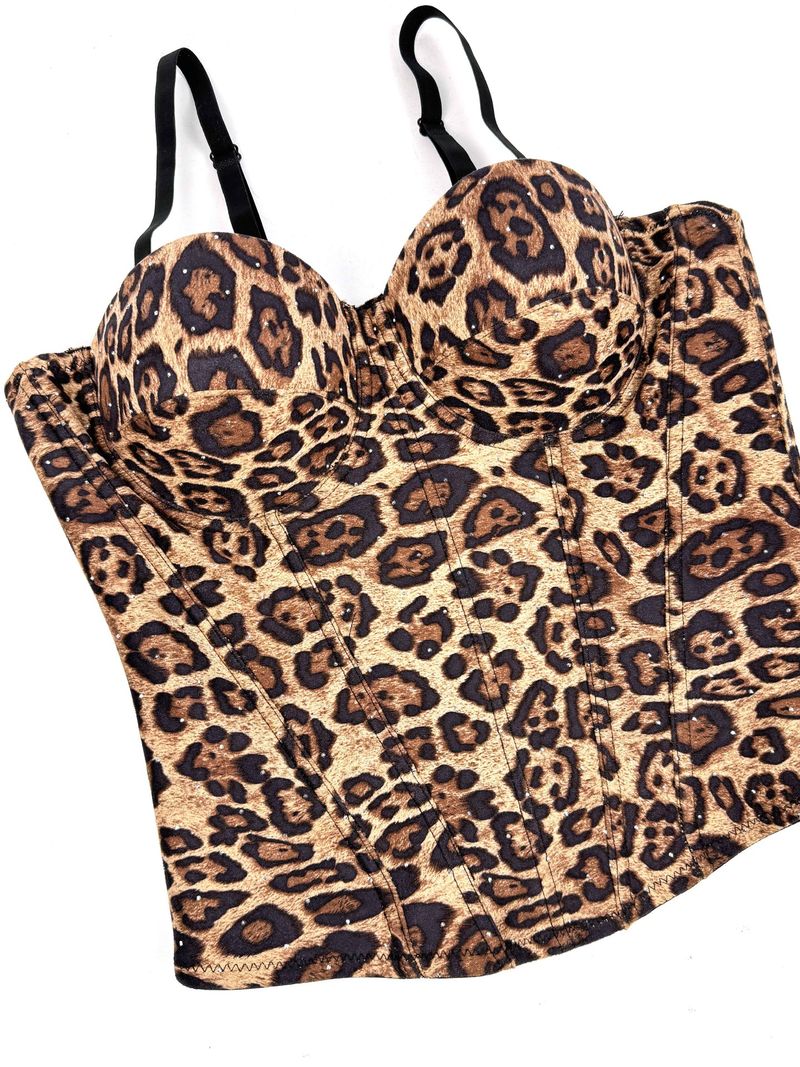 Women's Clothing Golden Brown Leopard Suede Short Vest Camisole Inner Wear Can Be Worn Outside Elastic Gathered Fishbone Body Shaping Bra_voghion.com