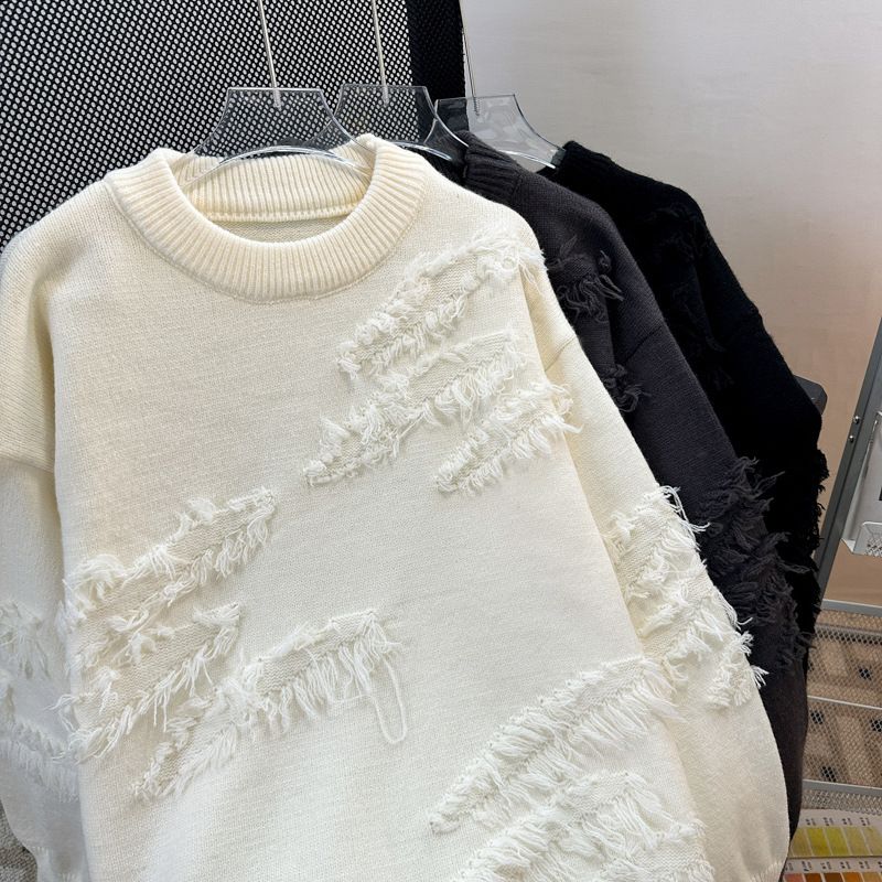 Men's Clothing Hole Pullover Sweater Loose Trend Retro Versatile Casual Hem Slit Knitted Sweater_voghion.com