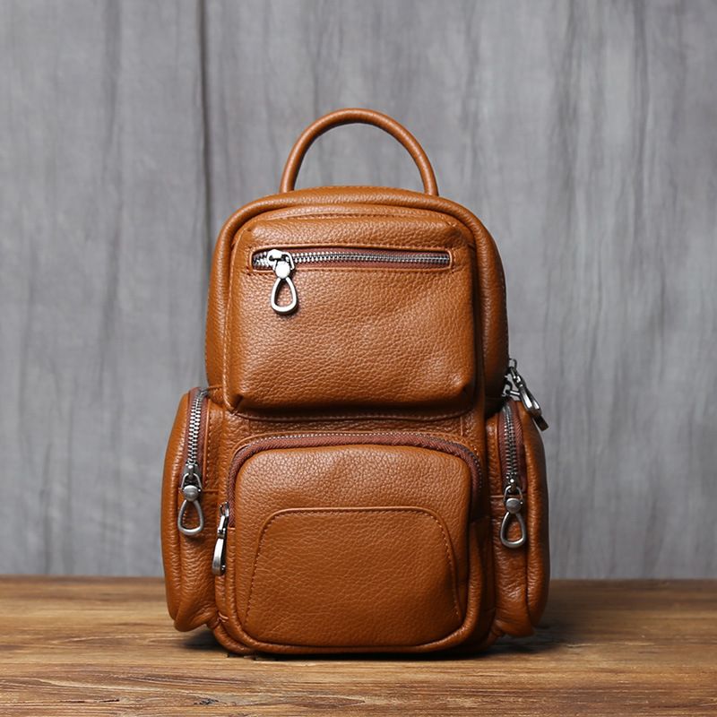 Black men's backpack, new casual leather small backpack, top layer cowhide chest bag, multifunctional travel crossbody bag_voghion.com