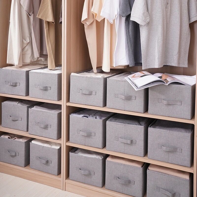 Fabric Storage Bins With Lids - Set Of 3 Decorative Closet Organizers For Clothes Foldable Shelf Baskets Beige_voghion.com